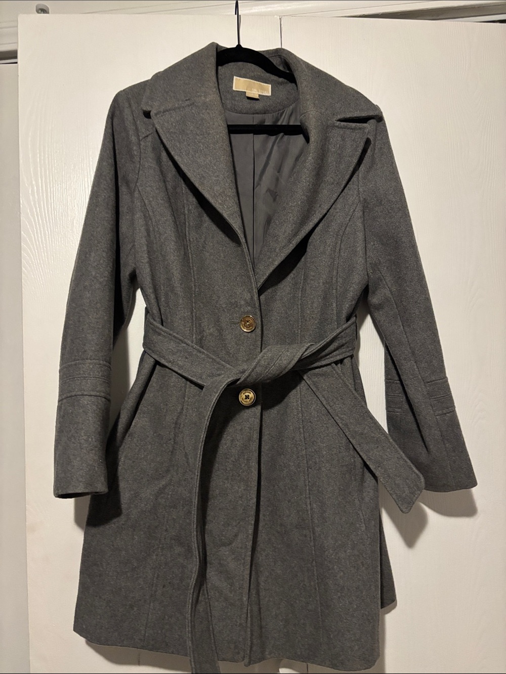 Gently used - Michael Kori Gray Wool-Blend Belted Trench Coat-